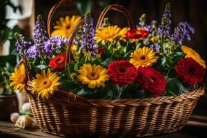 een mand gevulde met kleurrijk bloemen zit Aan een tafel. ai-gegenereerd foto
