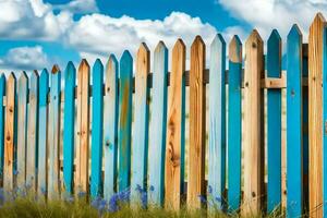 een houten hek met blauw verf Aan het. ai-gegenereerd foto