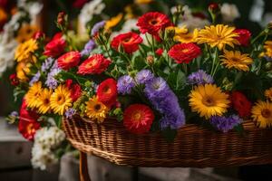 een mand gevulde met kleurrijk bloemen Aan een houten tafel. ai-gegenereerd foto