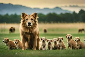 een hond en haar puppy's in een veld. ai-gegenereerd foto