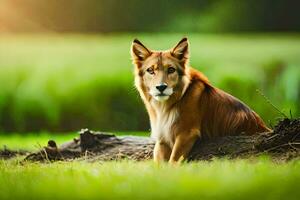 een hond zittend Aan een log in de gras. ai-gegenereerd foto