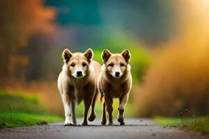 twee honden wandelen naar beneden een weg in de midden- van een veld. ai-gegenereerd foto