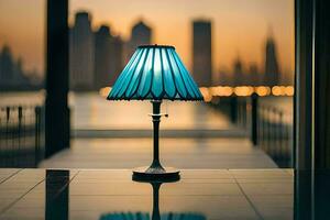 een blauw lamp Aan een tafel in voorkant van een stad horizon. ai-gegenereerd foto