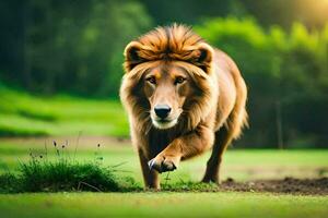 een leeuw wandelen aan de overkant een veld- met gras en bomen. ai-gegenereerd foto