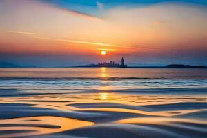 zonsondergang Aan de strand met een vuurtoren in de afstand. ai-gegenereerd foto