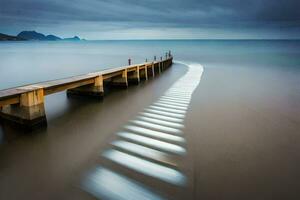 een lang blootstelling foto van een pier in de oceaan. ai-gegenereerd