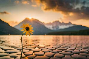 een single bloem staat uit in de midden- van een meer. ai-gegenereerd foto