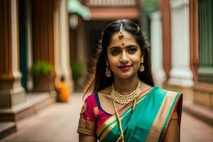 een mooi jong vrouw in een traditioneel sari. ai-gegenereerd foto