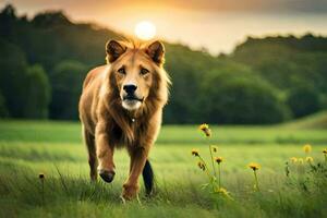 een leeuw wandelen door een veld- met bloemen. ai-gegenereerd foto