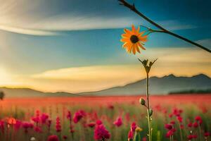 een veld- van bloemen en een zonnebloem. ai-gegenereerd foto