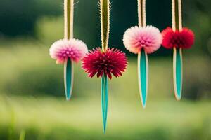 vier kleurrijk bloemen hangende van een snaar. ai-gegenereerd foto