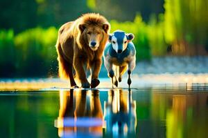 een leeuw en een schapen wandelen door water. ai-gegenereerd foto