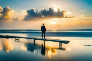 een Mens staand Aan een dok op zoek Bij de zon instelling over- de oceaan. ai-gegenereerd foto