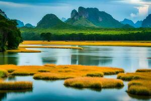 de bergen en rivier- in China. ai-gegenereerd foto