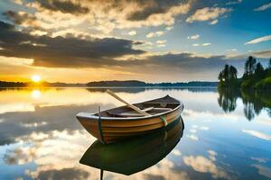 een boot Aan de meer Bij zonsondergang. ai-gegenereerd foto