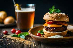 een Hamburger met kaas en tomaten Aan een houten bord. ai-gegenereerd foto