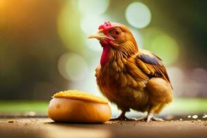 een kip is staand De volgende naar een brood. ai-gegenereerd foto