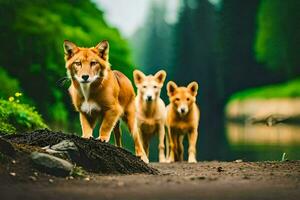 drie honden wandelen langs een aarde weg. ai-gegenereerd foto