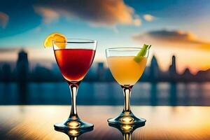 twee bril van cocktails met een stad horizon in de achtergrond. ai-gegenereerd foto