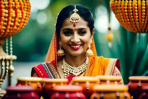 een mooi Indisch bruid glimlachen in voorkant van een groep van potten. ai-gegenereerd foto