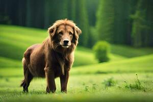 een bruin hond is staand in de midden- van een groen veld. ai-gegenereerd foto
