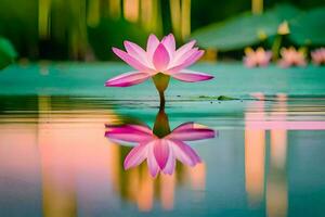 een roze lotus bloem is weerspiegeld in de water. ai-gegenereerd foto