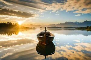 een boot is drijvend in de water Bij zonsondergang. ai-gegenereerd foto