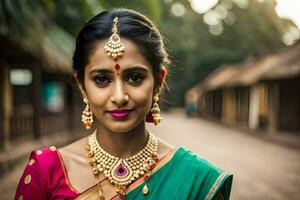 mooi Indisch vrouw in traditioneel sari. ai-gegenereerd foto