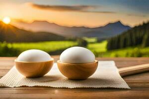 eieren in houten kommen Aan een tafel met bergen in de achtergrond. ai-gegenereerd foto