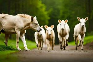 een kudde van wit koeien wandelen naar beneden een weg. ai-gegenereerd foto