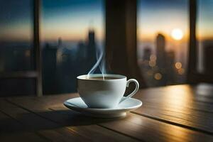 een kop van koffie Aan een tafel in voorkant van een stadsgezicht. ai-gegenereerd foto