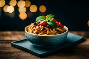 spaghetti met tomaat saus in een kom Aan een houten tafel. ai-gegenereerd foto