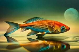goudvis, de maan, reflectie, water, reflectie, vis, reflectie, water, reflectie. ai-gegenereerd foto