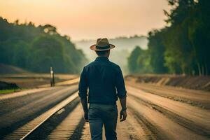 een Mens in een hoed wandelingen langs spoorweg sporen. ai-gegenereerd foto