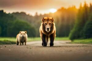 twee leeuwen wandelen Aan een weg Bij zonsondergang. ai-gegenereerd foto