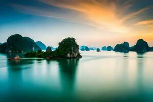 de zonsondergang over- Halong baai, Vietnam. ai-gegenereerd foto