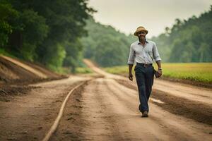 een Mens wandelen naar beneden een aarde weg in de midden- van een veld. ai-gegenereerd foto