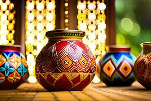 drie kleurrijk vazen zijn zittend Aan een houten tafel. ai-gegenereerd foto