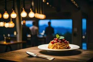 een bord van spaghetti Aan een tafel met een lepel en vork. ai-gegenereerd foto