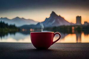 een rood kop van koffie zit Aan de grond in voorkant van een meer en bergen. ai-gegenereerd foto