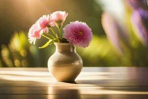 roze bloemen in een vaas Aan een tafel. ai-gegenereerd foto