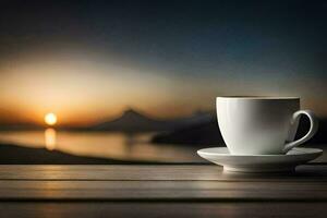 koffie kop Aan houten tafel met zonsondergang in de achtergrond. ai-gegenereerd foto