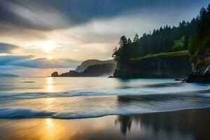 een strand met golven en bomen Bij zonsondergang. ai-gegenereerd foto