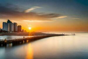 de zon stijgt over- de water en gebouwen in de achtergrond. ai-gegenereerd foto