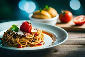 spaghetti met tomaat saus en vers aardbeien Aan een bord. ai-gegenereerd foto