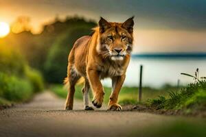 een leeuw wandelen naar beneden een weg Bij zonsondergang. ai-gegenereerd foto