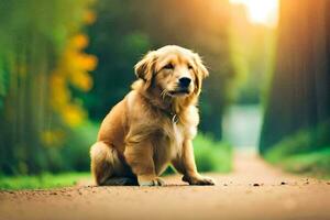 een gouden retriever zittend Aan de weg in de zon. ai-gegenereerd foto