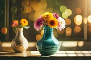 twee vazen met kleurrijk bloemen Aan een tafel. ai-gegenereerd foto