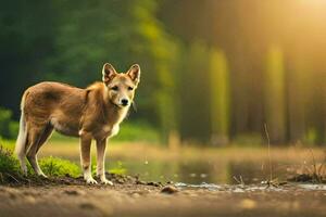 een hond staand in de midden- van een veld. ai-gegenereerd foto