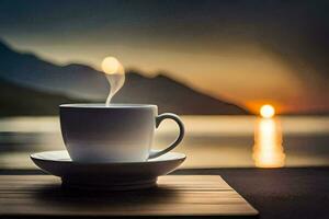 een kop van koffie Aan een houten tafel met een visie van de zonsondergang. ai-gegenereerd foto